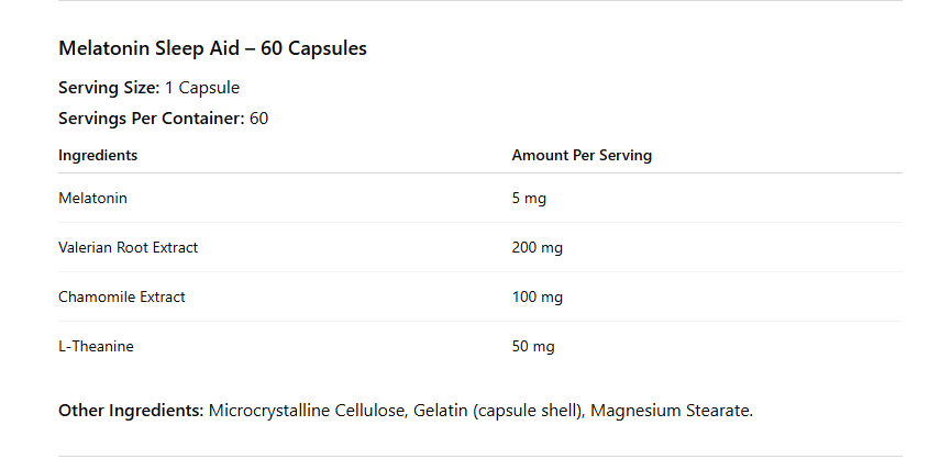 Melatonin Sleep Aid supplement facts
