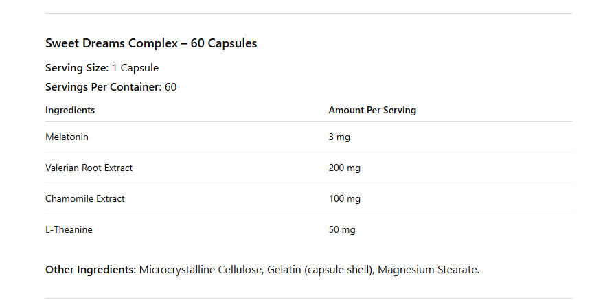 Sweet Dreams Complex supplement facts